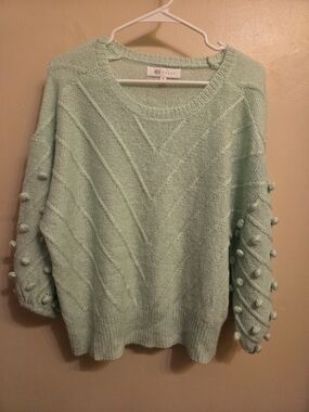 Fever Mint Green Bobble Sleeve Alpaca Blend Sweater Size L Boho Chevron Knit